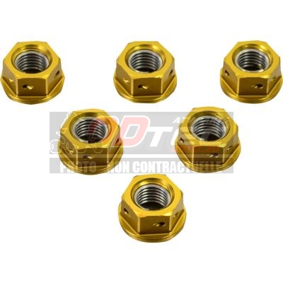 Ecrou M10x1,25 GOLD Par 6 - 24011505. Ecrou,M10x1,GOLD,Ecrou,M10x1,EQUIPES,INSERT,HELICOIL,accessoires,Pro-Bolt,sont,conçus,dans,loptique,dune,réduction,poids,pièces,sans,compromis,résistance,Ecrou,couronne,transmission,Dimension